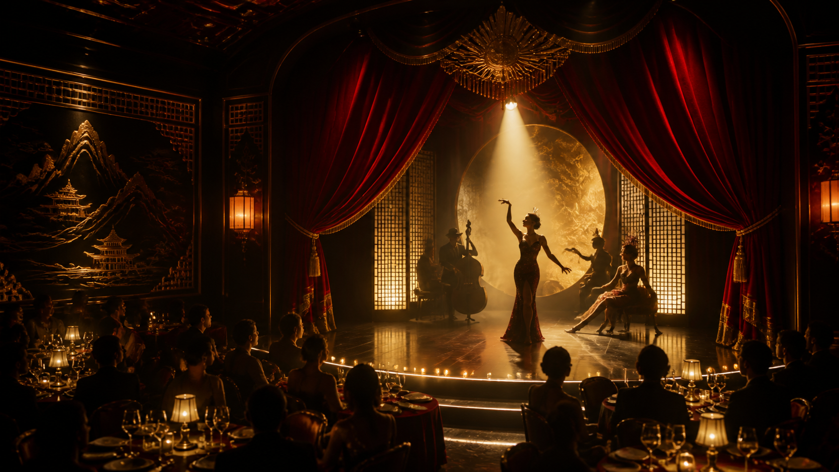 Abstract House of Legends cabaret dinner theatre stage with velvet curtains, warm spotlights, performers, and candlelit tables